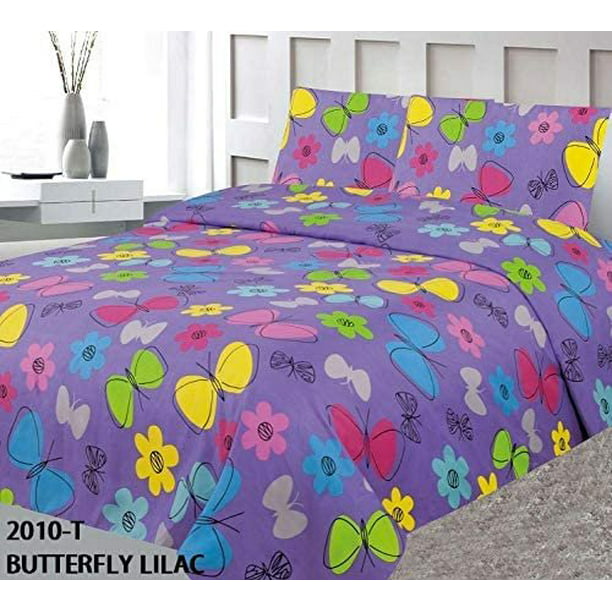 Kids Zone Home Linen 3 Piece Twin Size Sheet Set Lavender Butterfly Pattern for Girls//Teens.
